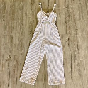 Abercrombie and Fitch Linen and Cotton Blend beige and white pinstripe jumpsuit
